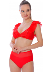 Kırmızı Düz Fırfırlı Yüksek Bel Yeni Bikini