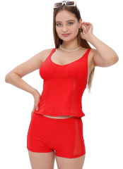 Kırmızı Dikine Tüllü Şortlu Modelli Tankini