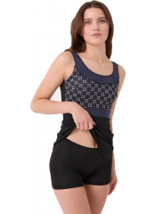 Siyah-Füme Parçalı Desenli Ayrı Şortlu Elbise Mayo Bikini