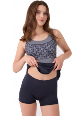 Füme-Gri Parçalı Desenli Ayrı Şortlu Elbise Mayo Bikini