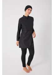 Siyah-Siyah Croplu Üstü Desenli Uzun Tesettür Mayo