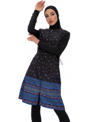 Saks-Siyah Uzun Mikro Kollu Pano Desenli Tam Tesettür