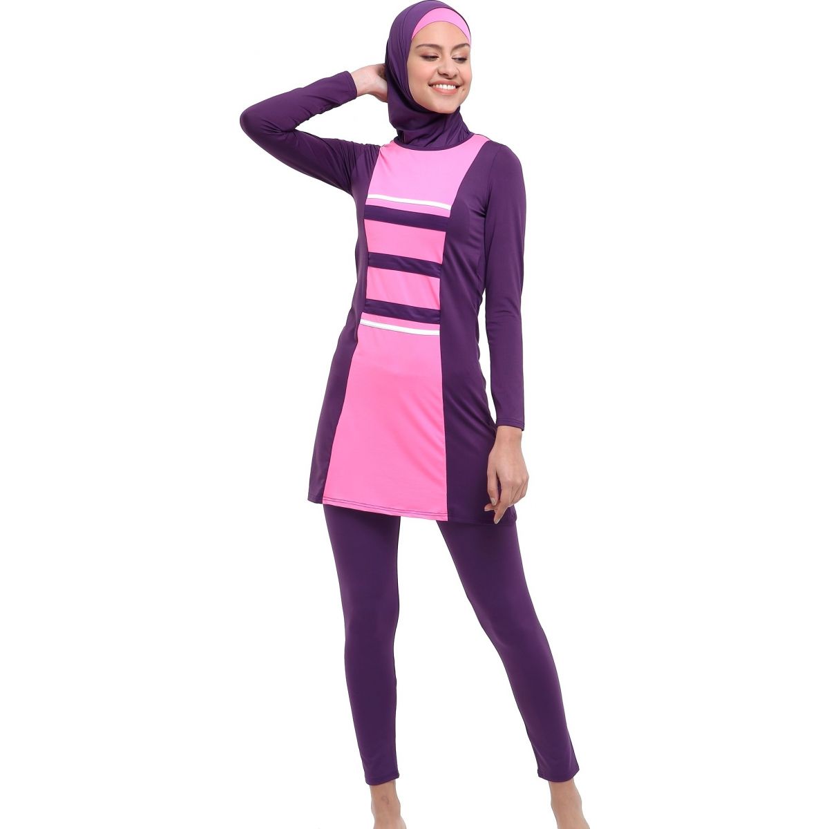 Argisa 7052 Long-Sleeve Stripe Piece Full Hijab Swimwear 36-52 Plus Size Muslim Hijab Islamic Swimsuit Burkini Turkey Full Cover