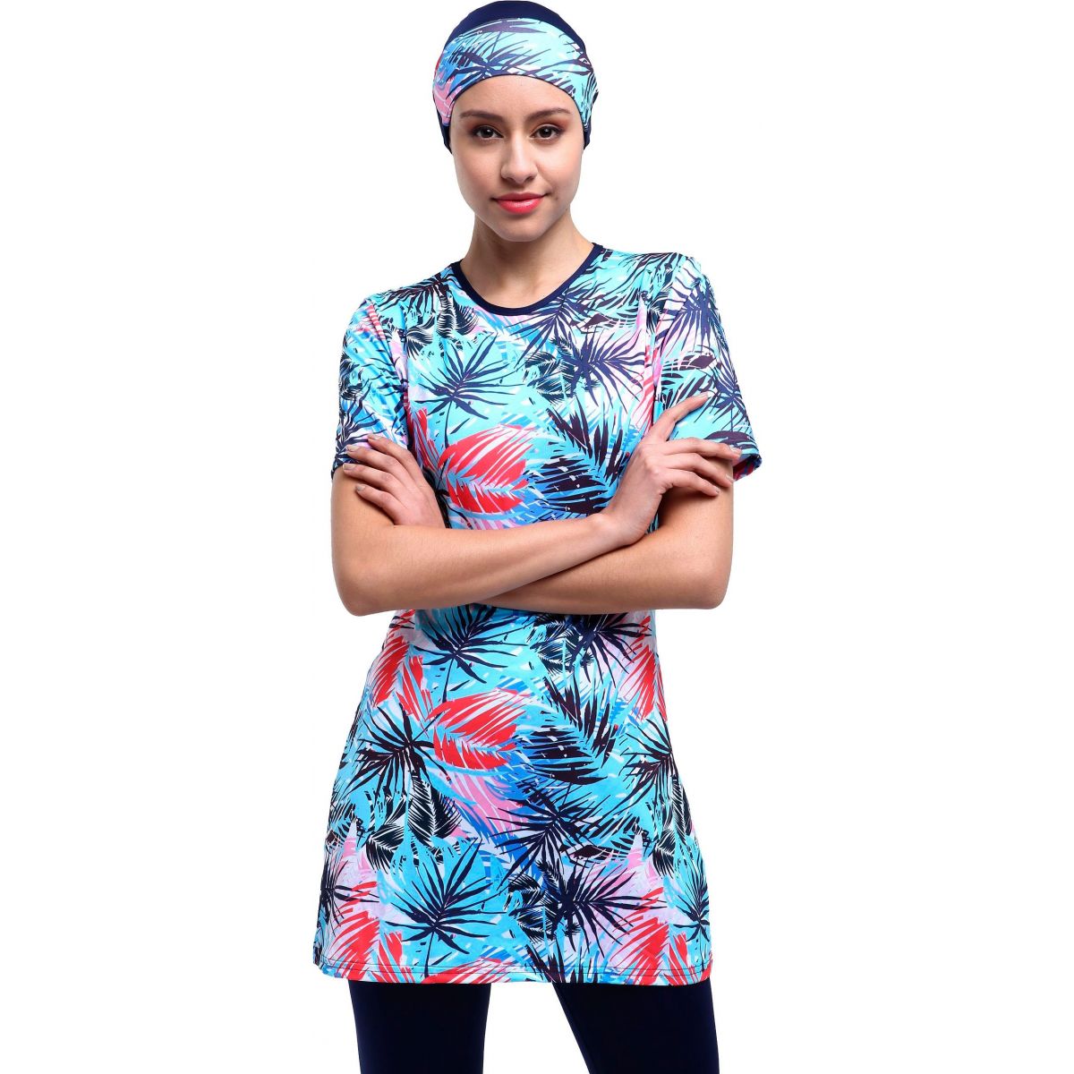 Argisa 7527 Half Sleeve Patterned Semi Hijab Swimwear 36-44 Muslim Hijab Islamic Swimsuit Burkini Turkey Half Cover With Swim Hat