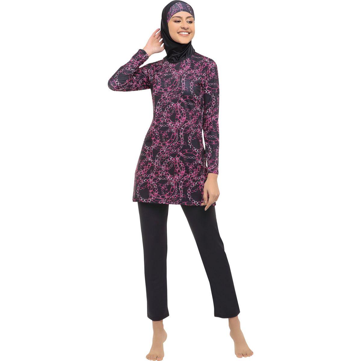 Argisa 7540 Long Sleeve Chain Patterned Full Hijab Swimwear 36-52 Plus Size Muslim Hijab Islamic Swimsuit Burkini Turkey Cover