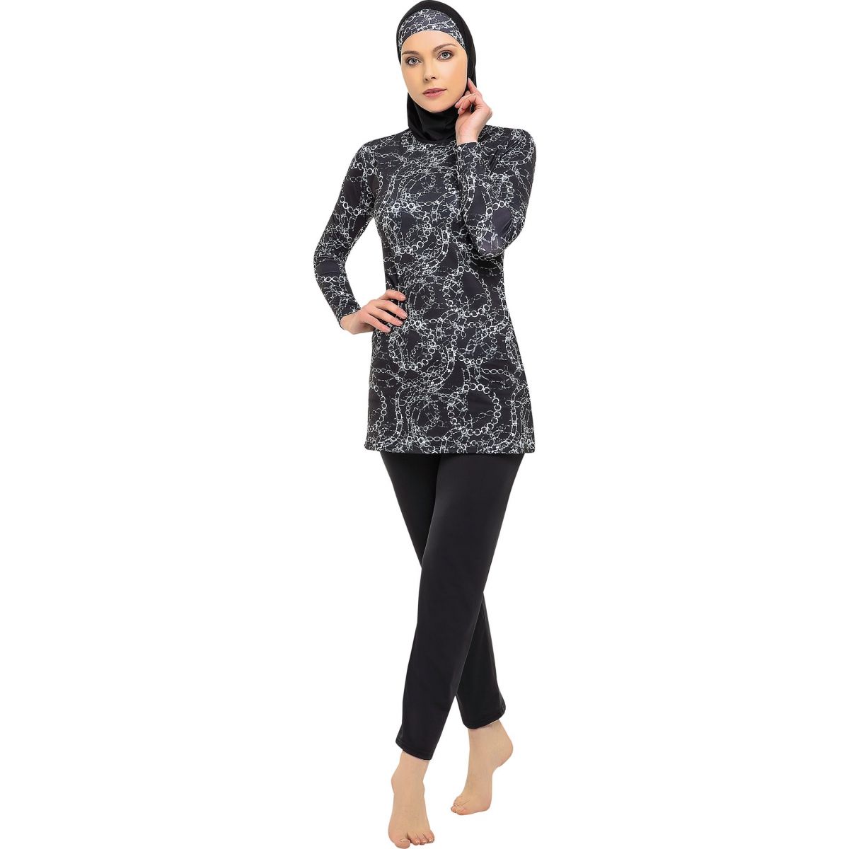 Argisa 7540 Long Sleeve Chain Patterned Full Hijab Swimwear 36-52 Plus Size Muslim Hijab Islamic Swimsuit Burkini Turkey Cover